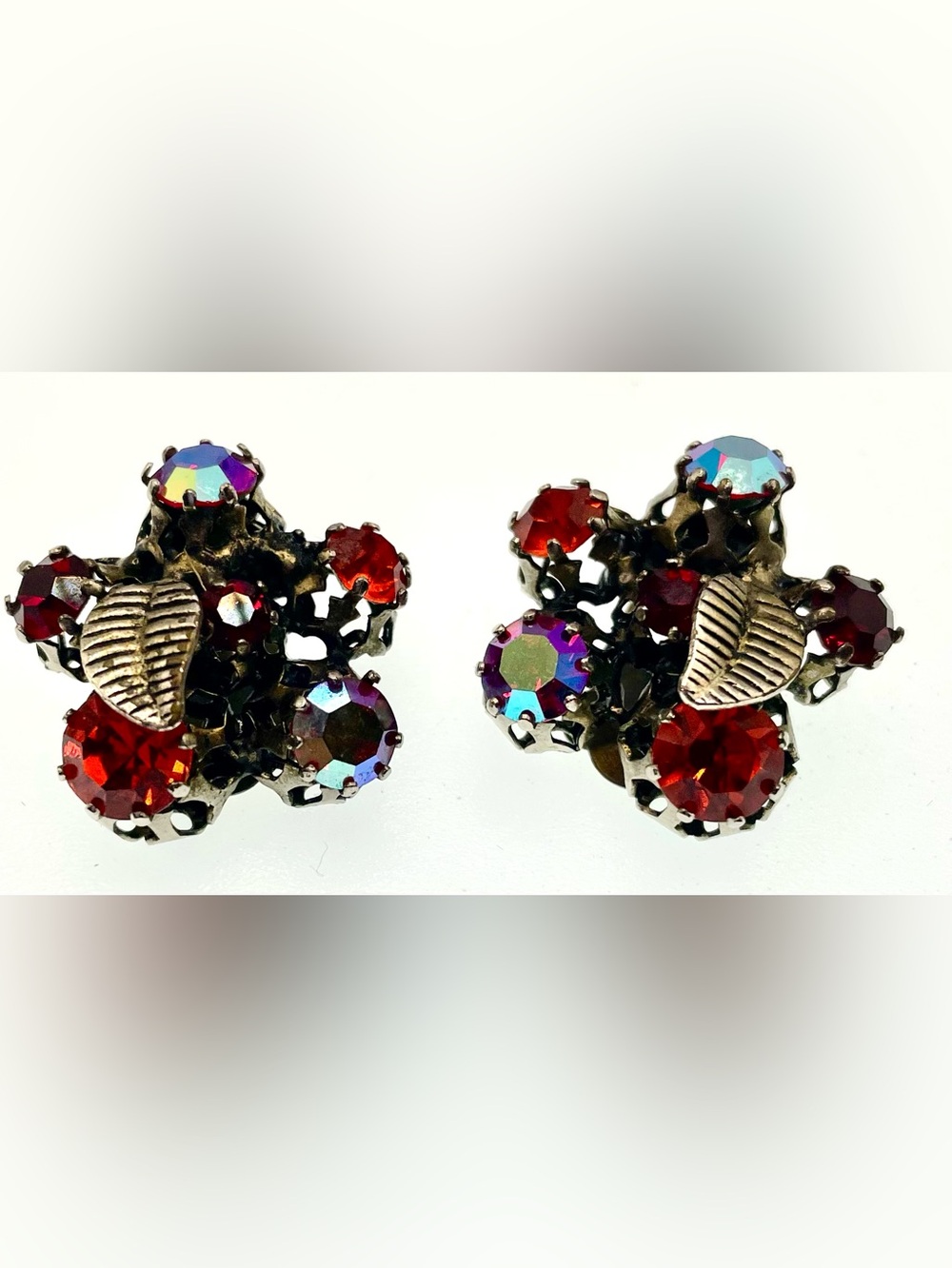 Vintage Austria AB Crystal Clip On Earrings 1950s 60s Rhinestone Leaf
